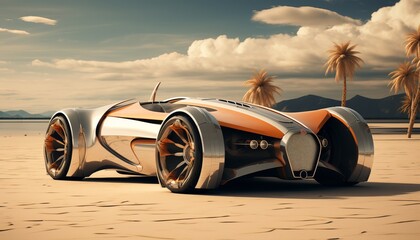 Vintage retro sports car in visually stunning futuristic landscape with vibrant colors