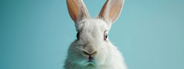 Curious White Rabbit Up Close Against a Serene Blue Background