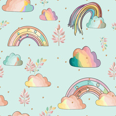 Set of rainbows and leaves. The pattern is magical. Children's seamless illustration for printing on a print, blank for designers.Vector illustration by Line for coloring