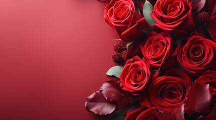 Red roses on red background. Flower frame with copy space for text. Red rose bouquet with copy space