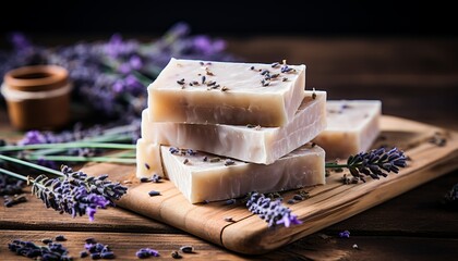 Obraz na płótnie Canvas Handmade lavender soap bars with natural ingredients and blank area for text or branding