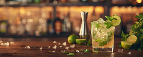 Mojito cocktail and ingredients with bar background