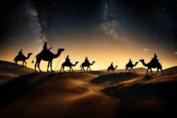 two wise men on a camel, silhouetted against the backdrop of a starry path, as they embark on their journey to witness the birth of Jesus  