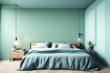 Bed positioned against a lively backdrop of light green and blue walls, featuring ample copy space. This showcases a minimalist approach to modern bedroom interior design  