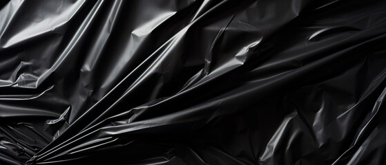 Wrinkled black plastic bag. Black garbage bag texture. Abstract black background.