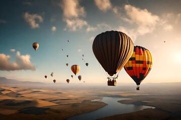 A hot air balloon hovers gracefully in the sky, buoyed by the warmth of the rising air currents   - obrazy, fototapety, plakaty