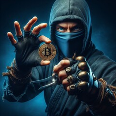 A ninja warrior holding a Bitcoin in his hand3