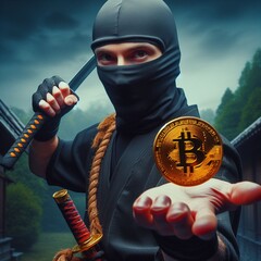 A ninja warrior holding a Bitcoin in his hand1