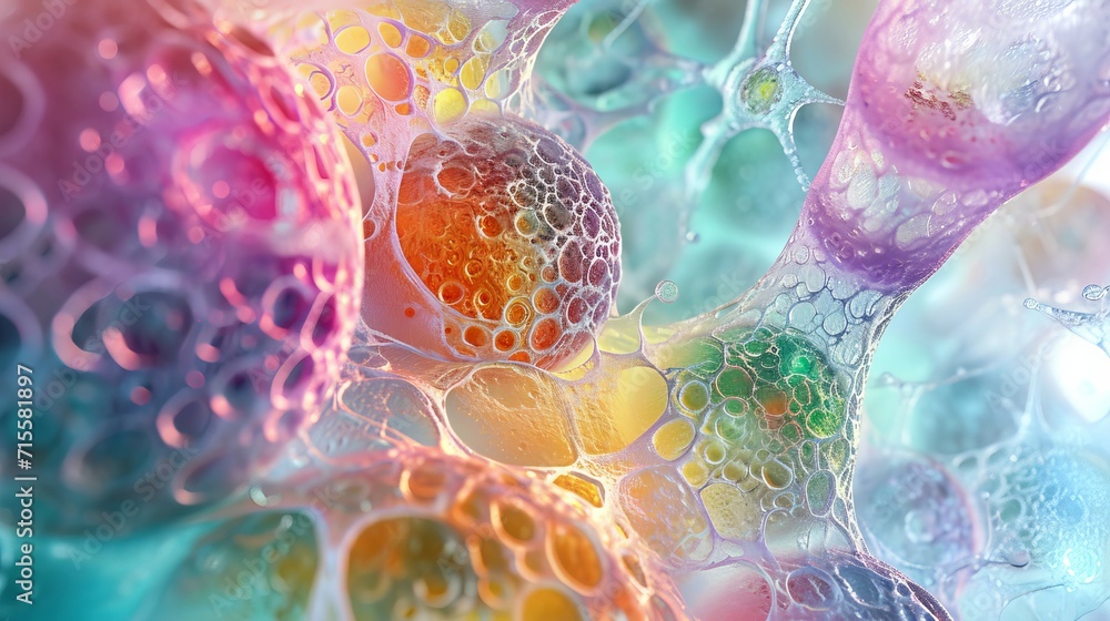 Poster vivid close-up view of colorful soap bubbles intersecting in daylight