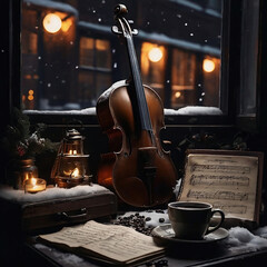 Dreamlike a Cup of coffee, violin and sheet music on the windowsill in a snowy night. Abstract poetic wallpaper