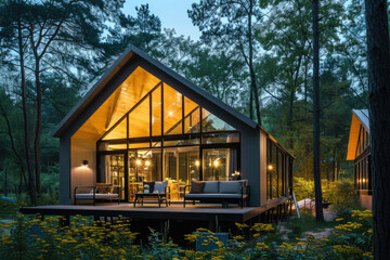 Modern luxury villa exterior in minimal style for luxury glamping. Glass cottage in the woods at night. Modern cabin house in deep forest, with a big flowers garden