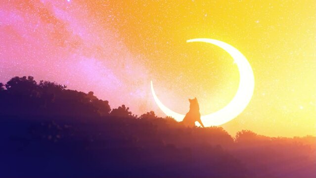 German shepherd on a green hill against hot crescent moon and starry sky, tilt