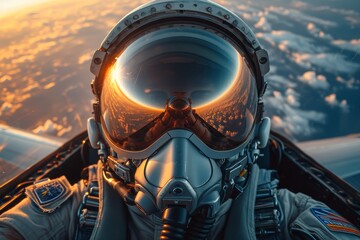 Fighter pilot's photo from the front in flight, with the sun shining on the visor and mirrors. - obrazy, fototapety, plakaty