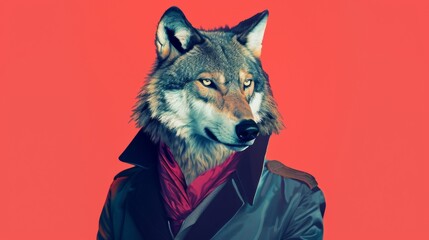 Fototapeta premium Wolf Wearing Leather Jacket on Red Background