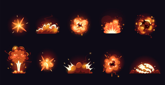 Cartoon explosions. Comic fantasy blast effect with fire and smoke, energy explosive sphere and weapon detonation, UI game asset sprite graphic. Vector isolated set
