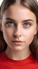 Obraz premium Portrait of a girl with brown hair in a red T-shirt.