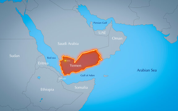 Map of Yemen and surrounding countries, conflict in the Red Sea.