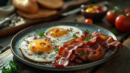 Plate of Bacon and Eggs on Table, Classic Breakfast Delight