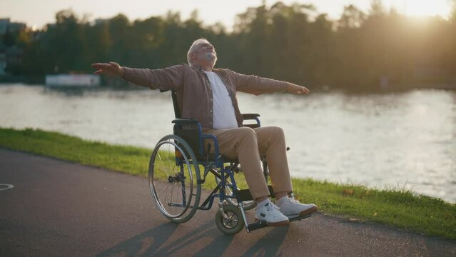 Senior man in wheelchair enjoys freedom. Paralysis male with special need spreading arms on sides smiling breathing fresh air walking in city park. Living with physical disability in old age concept.