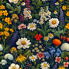 Vintage botany books style seamless floral background on dark blue