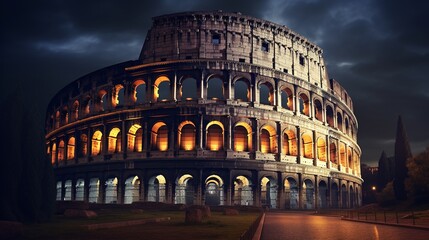 Fototapeta premium Colosseum at night, Rome, Italy. Travel background. AI.
