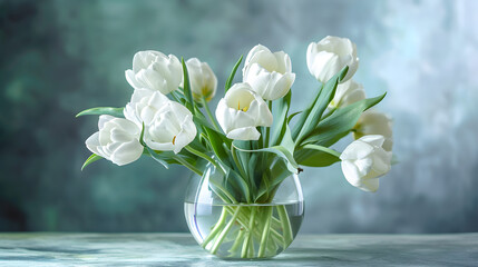 White cute tulips in a round glass vase