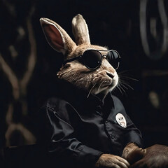 Fototapeta na wymiar Portrait of a cute rabbit wearing a black shirt and sunglasses.