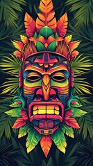 Painting of Tiki Mask Surrounded by Palm Leaves