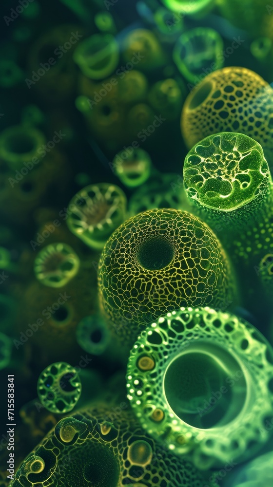 Poster intricate pattern of green microscopic organisms illuminated under a microscope