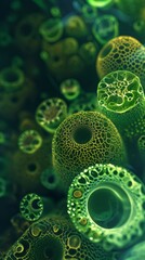 Intricate Pattern of Green Microscopic Organisms Illuminated Under a Microscope