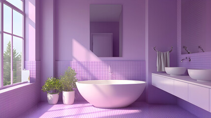 Fototapeta na wymiar Luxurious beautiful bathroom in lilac color with bathtub