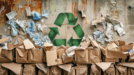 Pile of Cardboard Boxes Next to Green Recycling Sign