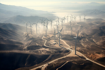 Wind turbines in the middle of the desert. 3D illustration.