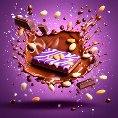 Dynamic Explosion of Chocolate, Nuts, and Candy Pieces on a Purple Background