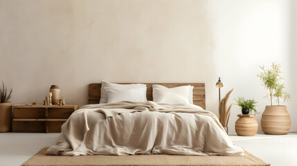 Beige blanket on the double bed in stylish wabi sabi bedroom of minimal style house with copy space on the empty wall, generative ai - obrazy, fototapety, plakaty