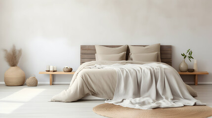 Beige blanket on the double bed in stylish wabi sabi bedroom of minimal style house with copy space on the empty wall, generative ai