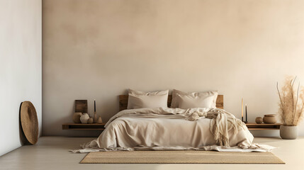 Beige blanket on the double bed in stylish wabi sabi bedroom of minimal style house with copy space on the empty wall, generative ai