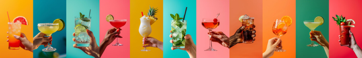 Summer concept - diverse selection of hands hold classic cocktails, collage, solid color background, banner - 715585291