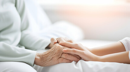 Naklejka premium Two hands. A young woman holds the hand of an older woman. Caregiver at home. Concept of health care for senior elderly old people. Space for text white background. Generative ai.