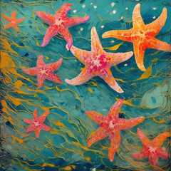 painting of Starfishes on the background of the sea. Illustration.