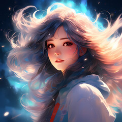 Enchanting Portrait of a Woman With Ethereal Blue-Hued Hair Under a Starry Night Sky