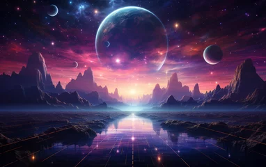 Deurstickers Fantasie landschap Neon abstract space background with nebula and stars. Futuristic fantasy landscape. Futuristic space sci-fi abstract background, sci-fi landscape with planet, neon light, cold planet. 3d render