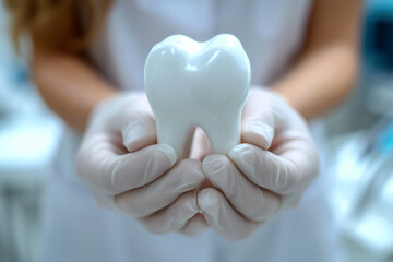 Hands in gloves holding tooth model. Copy space. Teeth care, dental treatment, tooth extraction, implant concept. Dental clinic special offer