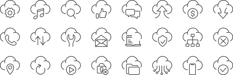 Cloud computing and network icons. Simple style icons. Hosting, server, web, security symbols. Vector illustration