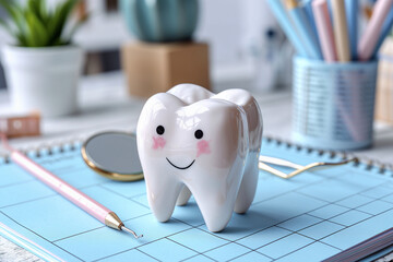 Reminder calendar for visiting the dentist and tooth model, dental mirror on it. Dental appointment, check. Calendar. Copy space. Teeth care, dental treatment, tooth extraction, implant concept. 