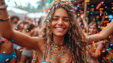Young woman dancing at the beach party with confetti.