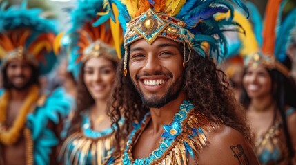 Portrait of a group of dancers at a carnival in Brazil - obrazy, fototapety, plakaty