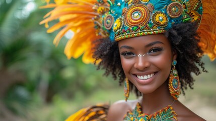 Beautiful african american woman dressed in traditional brazilian costume posing outdoors.
