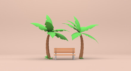 Fototapeta na wymiar Park bench among plants, palm trees and wooden bench on a plain background, beach, relax, town square (3d illustration)
