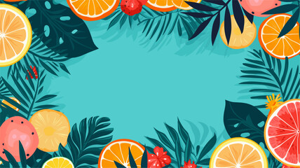 Abstract tropical palm leaves and exotic fruits, providing a festive and exotic background for a summer or beach-themed party. simple minimalist illustration creative - obrazy, fototapety, plakaty